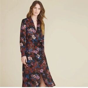 Veronica Beard Silk Leanne Midi Dress  Black Floral Print Long Sleeve Sheer Sz 4